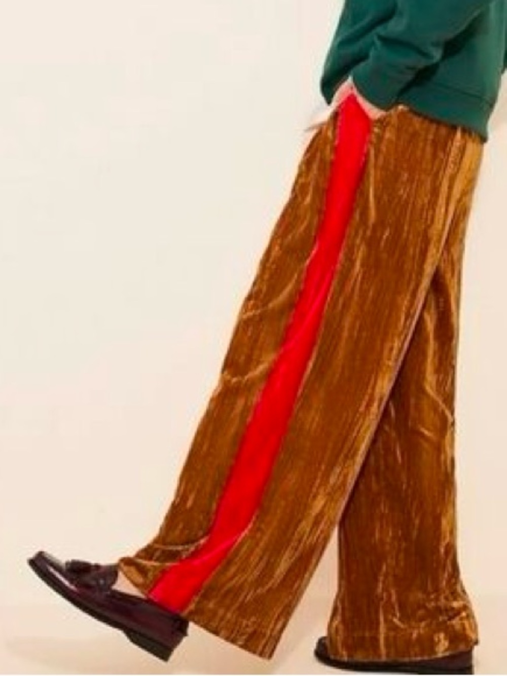 Farm Rio Velvet Wide-Leg Track Pants in Brown with Red Side Stripe